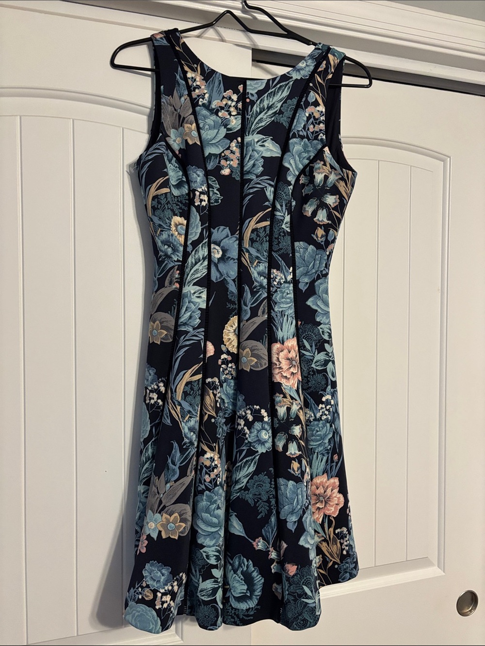 White House Black Market Black Floral Midi Dress with Teal and Blush